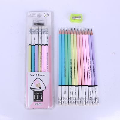 China Office & School Pencil FEIYAN FY-1001 Soft Poplar HB Wood Pencil With Paking Eraser And Sharpener Pencil Set Stationery 12pcs Set for sale