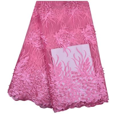 China Viable Nigerian French French Lace Fabrics High Quality Pink Color African Tulle Lace Fabric With Stones 1186 for sale