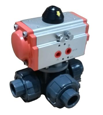 China UPVC Acting and Single Acting Double Acting Three Way Socket Plastic L Type and T Type Pneumatic Ball Valve for sale