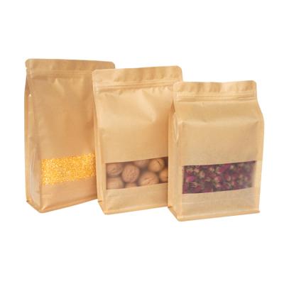 China Custom Materials Zipper Kraft Paper Bag Flat Bottom Recycled Plastic Pouch For Coffee Tea Packaging for sale