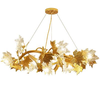 China Modern Modern Art Crystal Chandelier Luxury Gold Round Glass Maple Leaf Decorative Hanging Light for sale