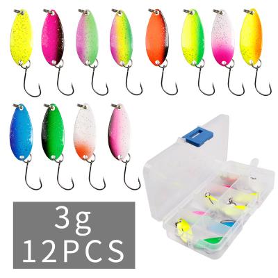 China Wholesale METAL tackle 3-5g vib 12/43pcs /box seuelos de pesca mini with metal spoon ice jig fishing spoon with helper hook for sale