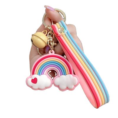 China New Style Rainbow Bell Key Chain Cute Leather Braided Tassel Rope Key Chain For Women Girl Bag Accessories for sale