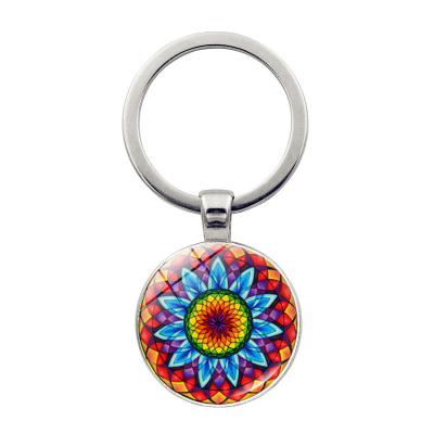 China 2021 New Style Indian Henna Mandala Yoga Glass Cabochon Indian Henna Glass Cabochon Chakra Buddhist Glass Dome Key Chain for sale