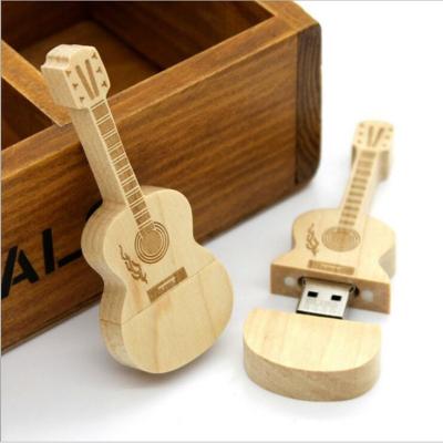 China Natural wooden bamboo flash drive style metal key chain guitar memory stick LOGO pendrive usb customize for sale