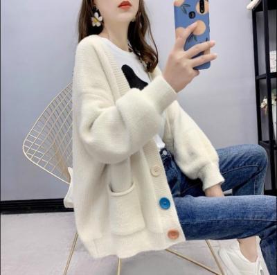 China Breathable coat 2021 women's mink cashmere sweater autumn and winter loose wild long-sleeved knitted women cardigan for sale