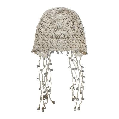 China Retro Style Crochet Flower Princess Hat Hollow Tassel Pearl Eco-friendly Ethnic Handmade Sunscreen Knitted Hat Palace Hat for sale