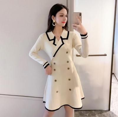 China 2021 breathable autumn and winter retro POLO collar color high cross hit waist were thin knit dress female for sale