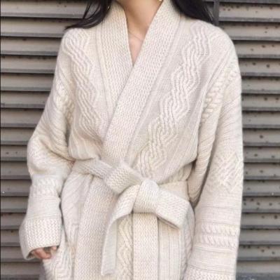 China Breathable Europe and the United States new cashmere sweater knit cardigan women loose belt sweater autumn and winter large size woolen coat for sale