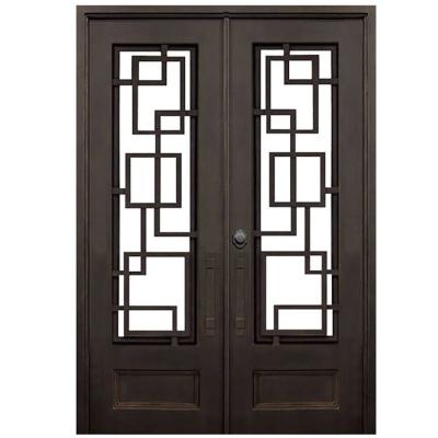 China AR-S058 EUROPEAN Square Wrought Iron Top Door With Stained Glass Metal Double Door House Front Entry Door for sale