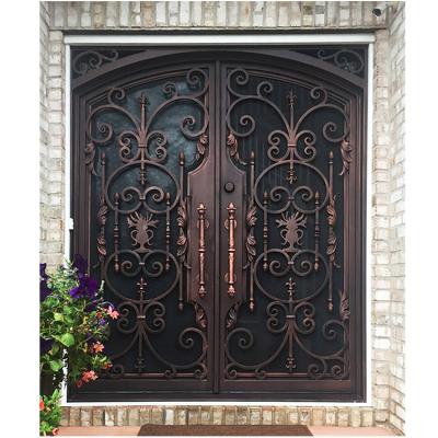 China AR-S060 EUROPEAN Gorgeous wrought iron double door with stained glass square metal door villa top main entrance door for sale