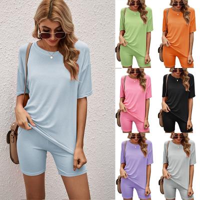 China Anti-Wrinkle Women Solid Color Summer Teams Lounge Sets Plus Size Short Sleeve 2 Piece Short Set for sale