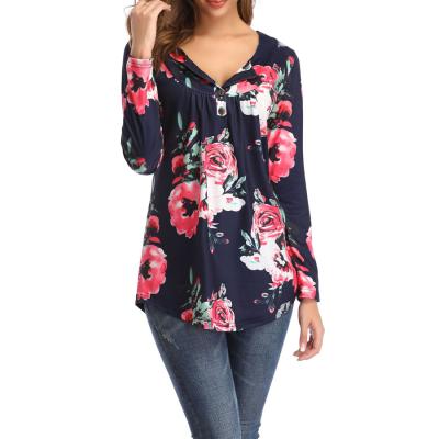 China Breathable Women's Floral 3/4 Sleeve Round Neck Tunic Tops Loose Blouse Button Up Shirts for sale