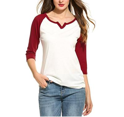 China Anti-pilling 3/4 raglan sleeve contrast color spliced ​​round neck softtextile tee tops blouse women baseball T-shirt for sale