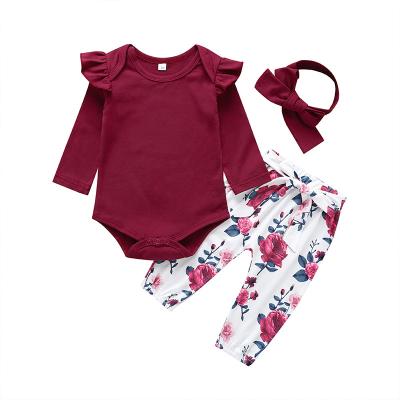 China Europe and the United States newborn baby clothes infant ruffle romper+pants+headband 3 pcs outfits set for sale