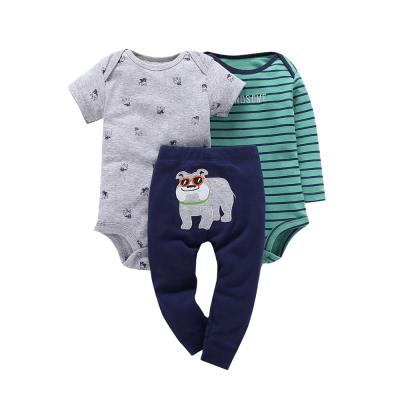 China Wholesale Breathable Puppy Print Baby Boy Cotton Knitted Rompers Summer And Autumn Set Matching Pants 3pcs for sale