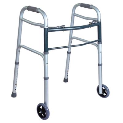 China Aluminum Alloy Auxiliary Portable Walker Folding Four Legs Two Wheel Crutch Walking Aid for Eldery and Handicapped for sale