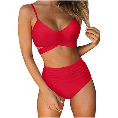 China Wholesale Breathable Summer Women Swimwear Bikini Split High Waist Beachwear Solid Color Cross Bikinis 2021 for sale