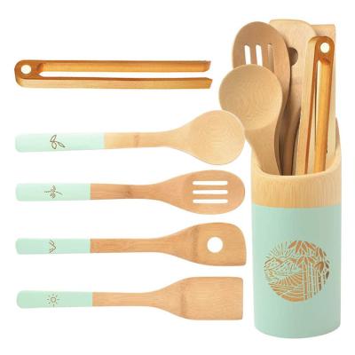 China Sustainable Painting Bamboo Tip Kitchen Cookware Set With Bamboo Rack for sale