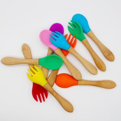 China Disposable Silicone and Bamboo Head Kids Handle Bamboo Fork and Spoon for sale