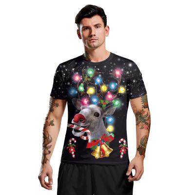 China 2021 Youth Anti-Shrink Mens Christmas Fun Red Alpaca And Reindeer Digital Print Loose Collar T-shirt Tops for sale