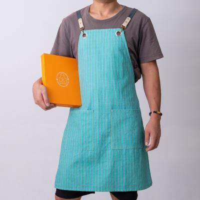 China MYGO Food/Beverage Stripe Cross-Back Leather Straps Canvas Apron Waterproof Professional Cooking Kitchen Pockets More Aprons for sale