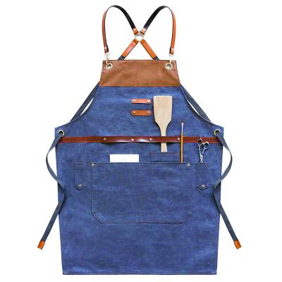 China Restaurant Multi Thick Adjustable Cafe Cross Canvas Leather Splicing Pocket Work Leather Splicing Uniform Apron Tidy/Storage MYGO for sale