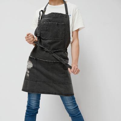 China MYGO Stonewash Running Utility Pockets Adjustable Neck Bar Gray Black Waiter Jean Apron Cotton Denim Apron for sale