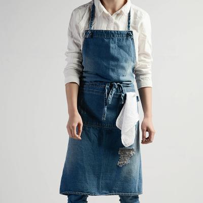 China Cleaning MYGO Customized Logo Utility Pockets Adjustable Neck Cotton Denim Apron Restaurant Waiter Jean Apron for sale