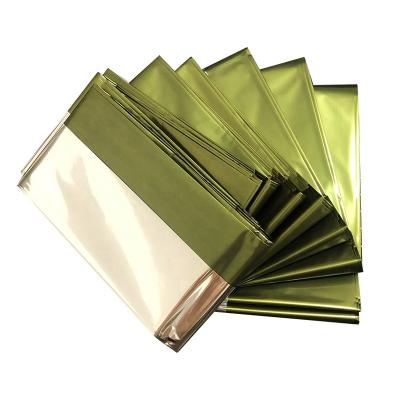 China 12um Thickness Army Survival Mylar Emergency Outdoor Camping Hiking Green Thermal Traveling Blanket For First Aid Devices And Running Event for sale