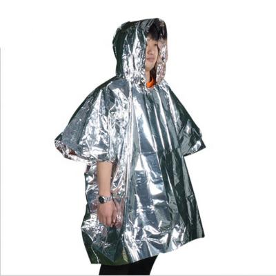 China Outdoor Gear Hiking Camping Customized Aluminum Foil Reflective Ribbon Thermal Emergency Survival Poncho For Outdoor Survival for sale