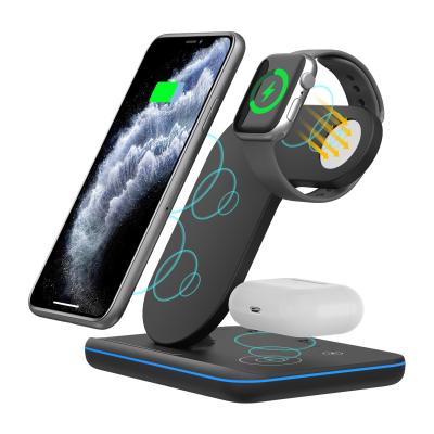 China Desktop 3 in 1 Wireless Qi Multifuncion Charging Station 15w 10w Fast Wireless Stand Holder Charger for sale