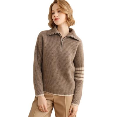 China 2022 New Breathable Casual Striped Zipper Ladies Cashmere 100% Wool Top Quarter Sweater for sale