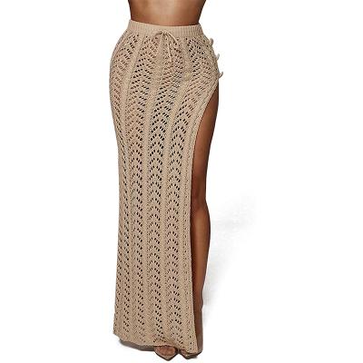 China 2021Women's Breathable Crochet Sexy Perspective Beach Blouse High Waist Hollow Out Long Skirt Split Skirt for sale