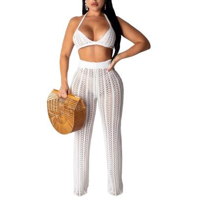 China 2021 summer anti-pilling women's sexy perspective neck style bra tops and pants seaside fashion opencut knitting two-piece set suit for sale