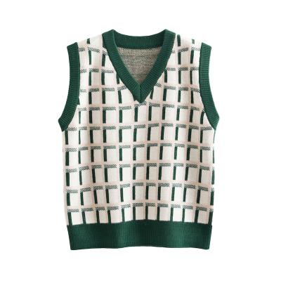 China Breathable Hot Selling Design Ladies Sweater Spring Autumn Knitted Vest With Grid Stripe Patterns for sale