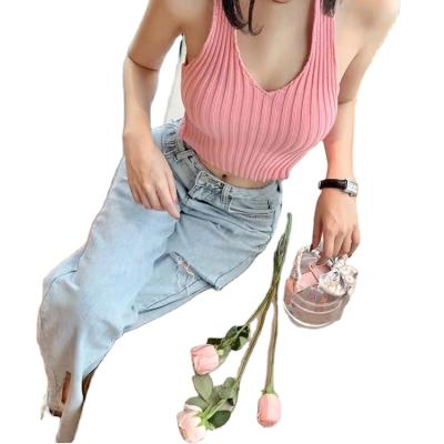 China Anti-pilling Summer Fashion V-Neck Bandage Halter Fitness Tank Top Knitted Sexy Sweater Women Camisole Invest for sale