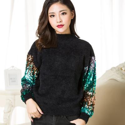 China Contrast color anti-pilling sequins design sweater Christmas women ladies loose fancy knit sweater wholesale for sale