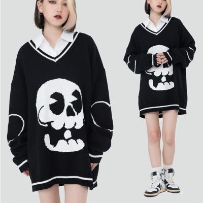 China 2022 Trends Skull Pattern Sweater V-Neck Breathable Long Sleeve Oversize Knit Pullover Sweater for sale