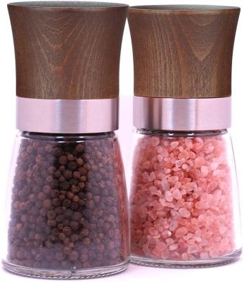 China Viable Hot Sale Wooden Glass Grinder Salt and Pepper Grinder Set Adjustable Coarseness Refillable Wooden Salt and Pepper Grinder for sale