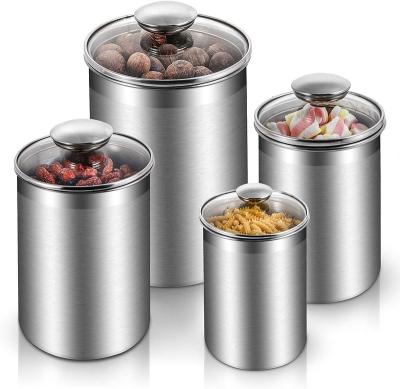 China Freshness Preservation Stainless Steel Food Storage Containers With Lids Airtight Glass Nuts Sugar Flour Canister Kitchen Countertop Coffee Tea Set 4pcs for sale