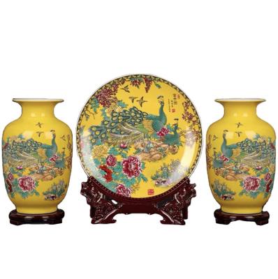 China Art Decor Chinese Style Living Room Customizable Ceramic Decorative Vase Ornament Three-piece Set Vase for sale