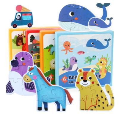 China Eco-Friendly Non-Toxic Wholesale Jigsaw Toy Montessori Education Toys for Kids Wooden Puzzle 6 in 1 Box Farm Forest Marine Animal Transport for sale