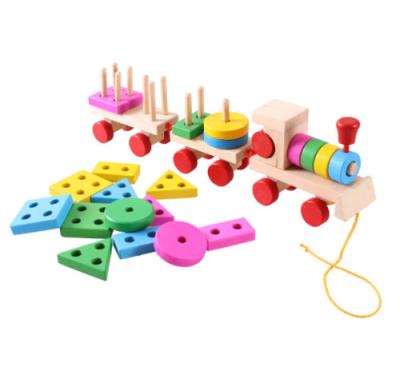 China Eco-Friendly Non-Toxic Wholesale Wooden Stacking Toys Geometric Shape Kids Toys Educational Wooden Blocks Building Mini Wooden Toy Train Set for sale