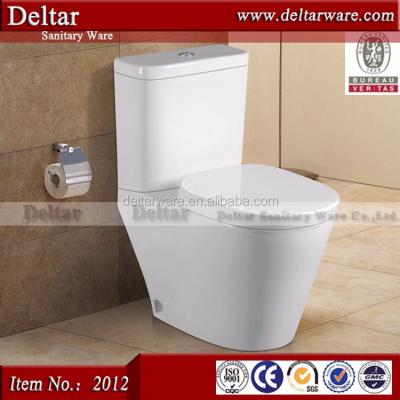 China Double-flow top brand two piece toilet with wdi flush valve and metal seat cover, ceramic soft cover toilet price for sale