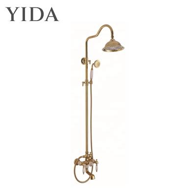 China With Antique Brass Gold Bath Brass Gold Spa Wall Mount Rainfall System Faucet Mixer Rwater Slide Bar Bathroom Shower Set for sale