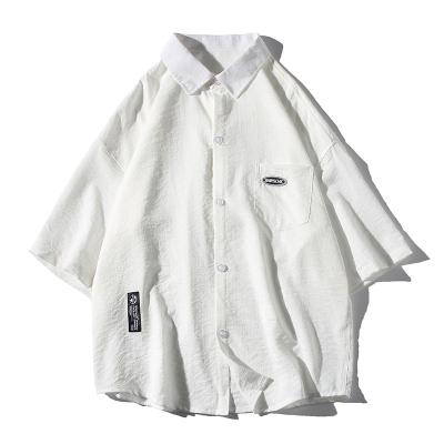 China Anti-pilling Mens Short Sleeve Shirts Cotton Canvas Button Down Tees Spread Collar Plain Shirts for sale