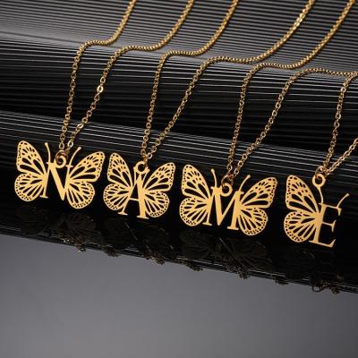 China 2022 Punk Fashion 18K Gold Plated Stainless Steel Simple English Letter Butterfly 26 Pendant Necklaces for sale