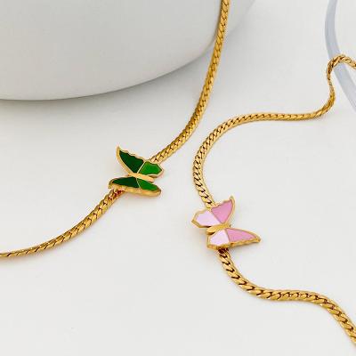 China Tasty Tarnish Jewelry Women Choker Free Necklace Punk 18K Gold Plated Hypoallergenic Stainless Steel Green Butterfly Necklace for sale