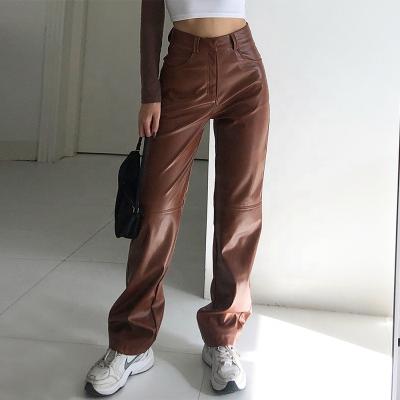 China Vintage Women's Retail Leather Culottes High Waisted Leather Long Pants Faux Loose Straight Casual QUICK DRY Brown Leather Long Pants for sale